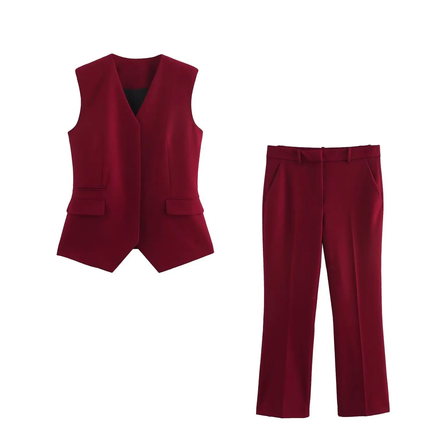 Women's V-neck Sleeveless Tank Top with Pocket and Solid Color Bellbottom Pants Set for Spring Fashion