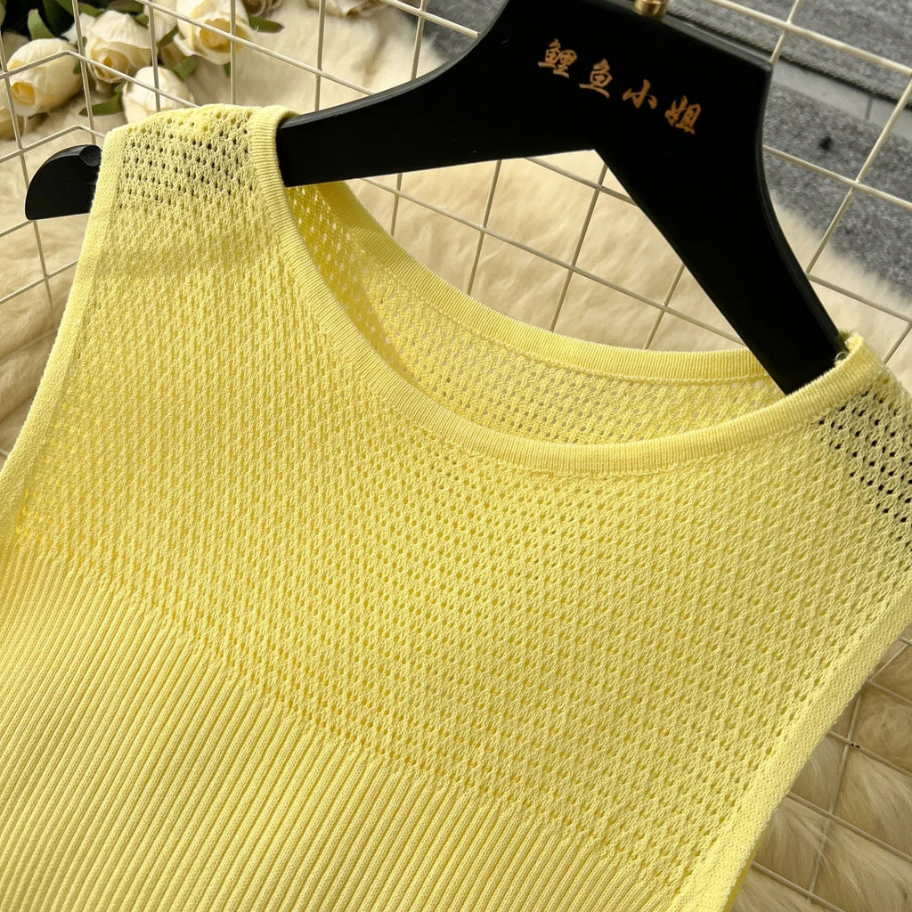 Hollow Out Knitted Dress Sleeveless O Neck A Line Midi