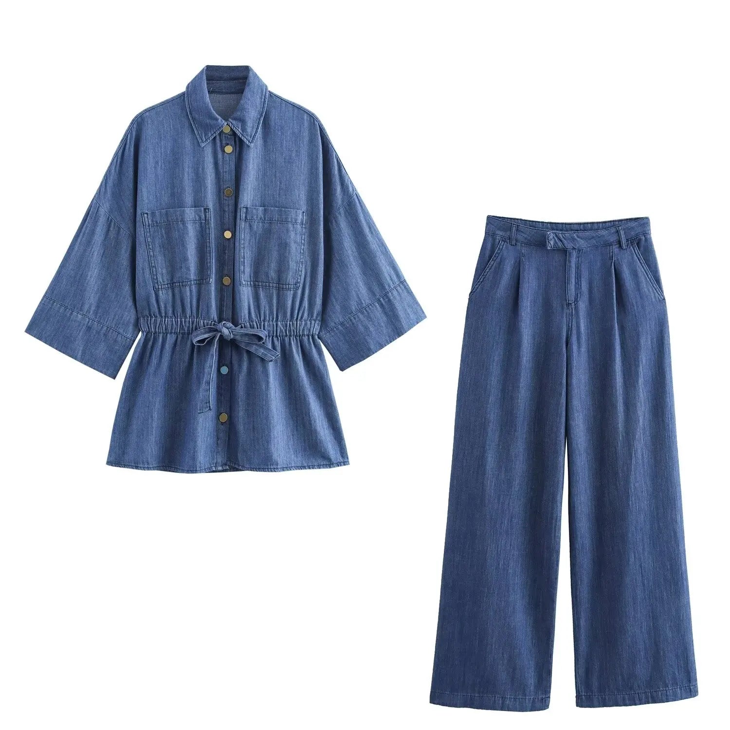 Women's Slim Fit Denim Shirt with Bow Decoration and Wide Leg Loose Long Suit