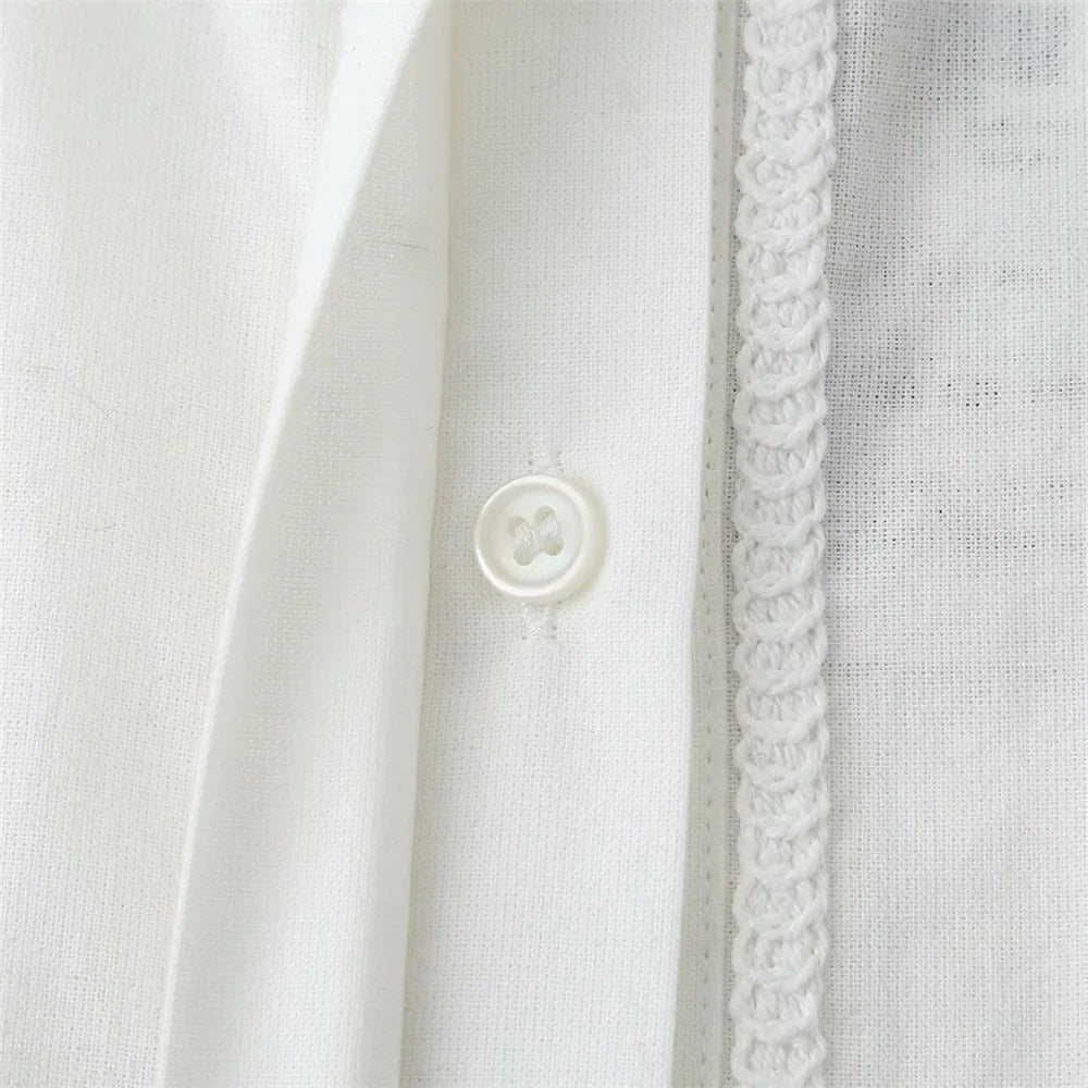 Versatile Women's Crochet Long Sleeve Lapel Shirt and Straight Leg Casual Pants Fashion Set