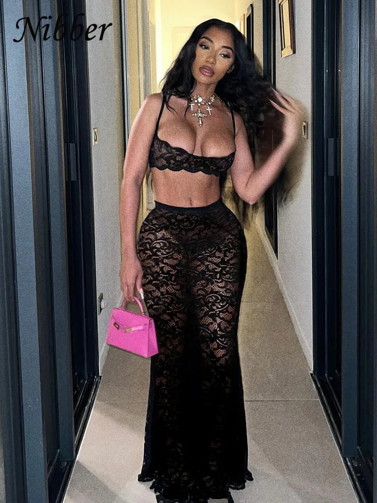 Sexy Mesh Two Piece Set for Women Hipster Mini Camisole and Stretch Skirt Nightclub Party Outfit