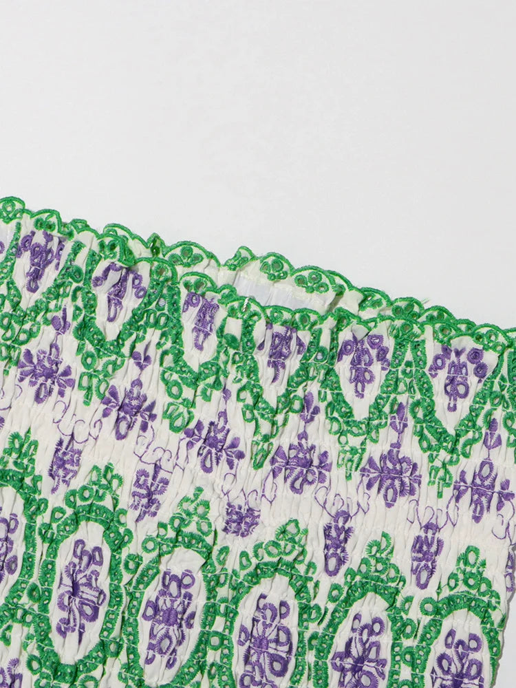 Embroidery Print Strapless Mini Dress Ruffled High Waist