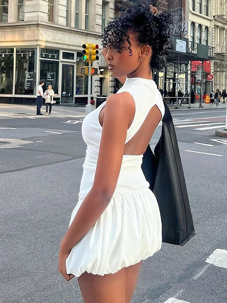 Ribbed Sleeveless Patchwork Bubble Backless Minidress