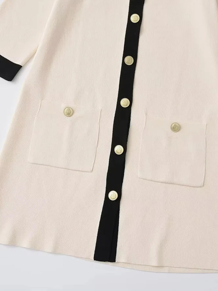 Knitted Mini Dress With Pockets And Golden Buttons For Women