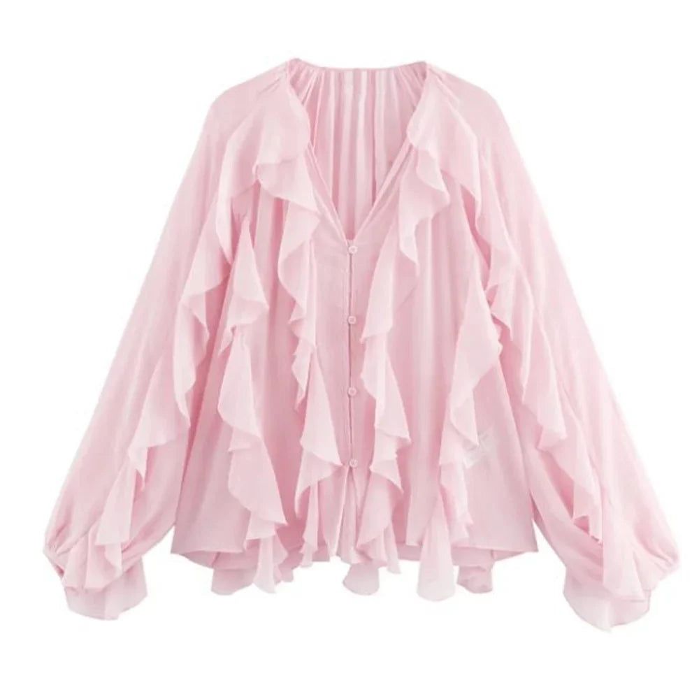 Women's Retro Loose V Neck Layered Casual Shirt Lightweight Temperament Blouse for Spring