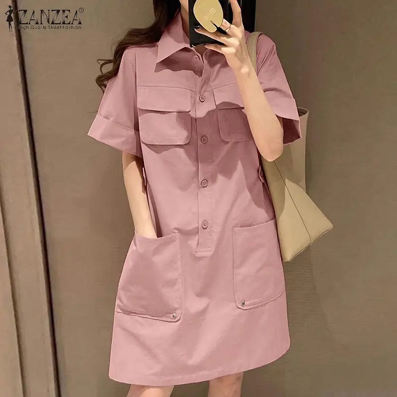 Korean Style Cargo Sundress With Pockets Knee Length
