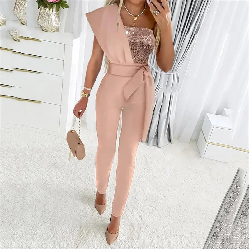 Women's One Shoulder Backless Sequined Jumpsuit Slim Fit Stretch Lace-Up High Waist Romper with Back Zipper
