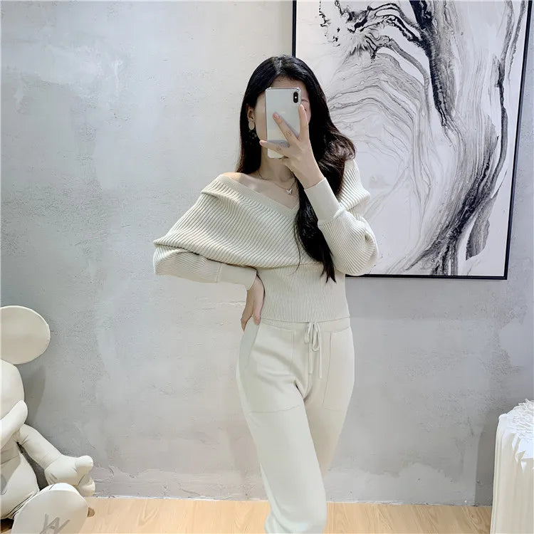 Elegant Ribbed Knitted Two Piece Tracksuit Set for Women with Backless Top and Long Harem Pants