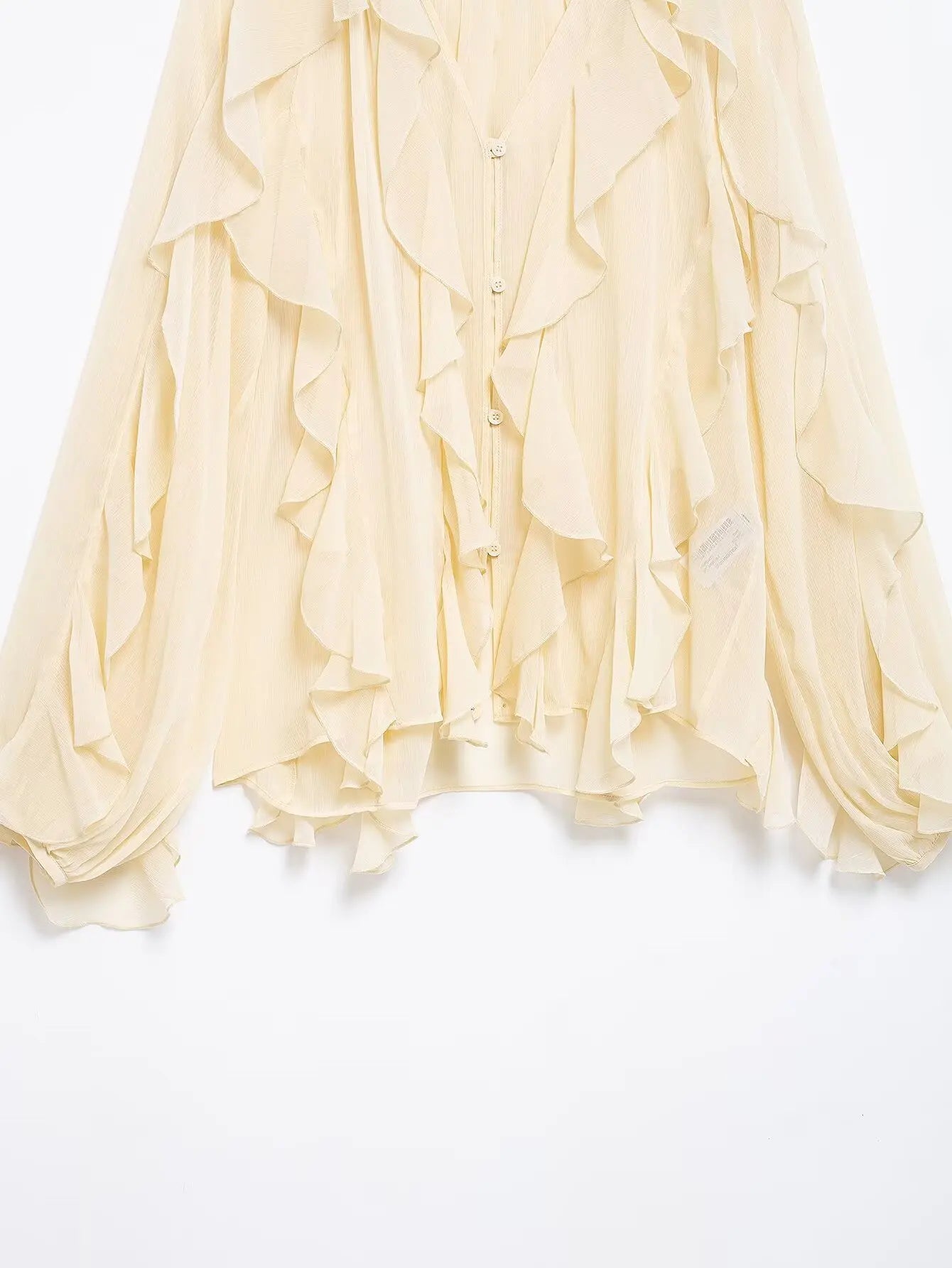 Semi-Sheer Ruffle V-Neck Blouse for Women Long Sleeve Button-Up Lightweight Spring Summer Top