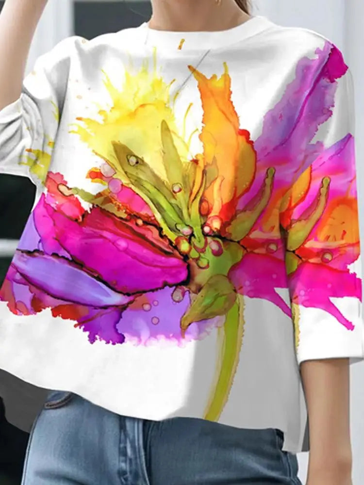 Women Floral Printed Loose Fit T-Shirt with Three-Quarter Sleeves and Round Neck for Casual Summer Style