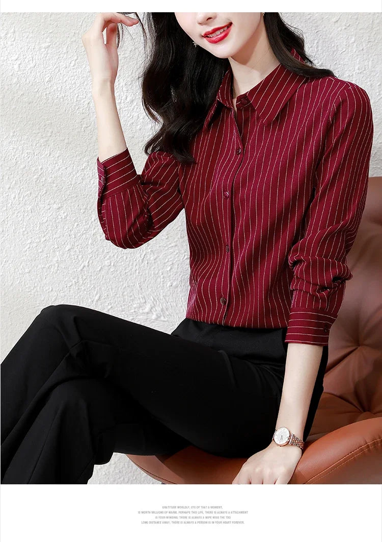 Striped Long Sleeve Women Shirt Button Up Blouse Lightweight Chiffon Tops Elegant Casual Office Wear