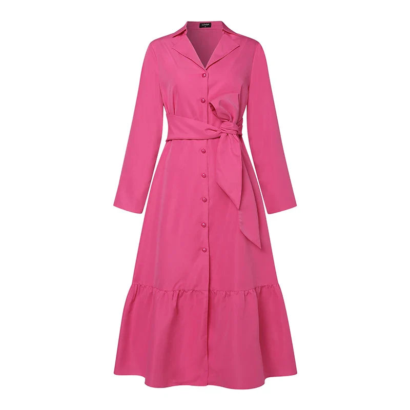 Long Sleeve Sundress With Ruffles Belted Shirt Dress