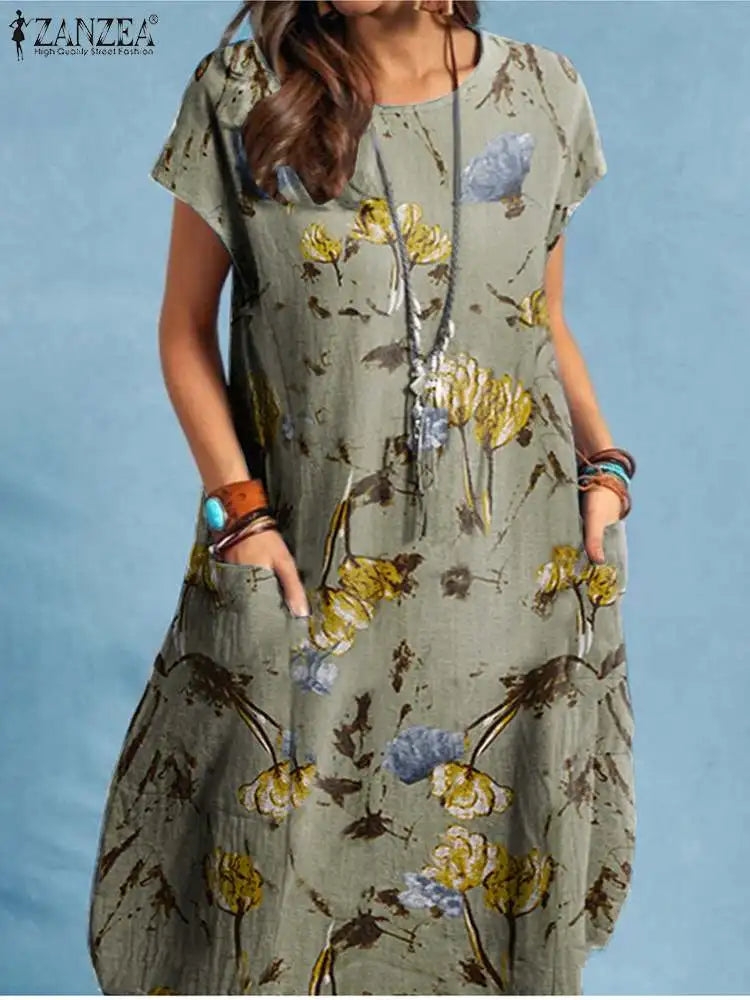 Bohemian Floral Print Midi Dress For Women Summer Beach