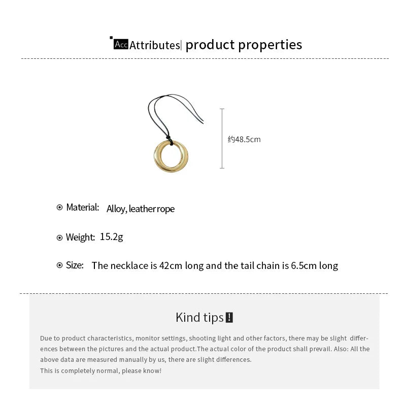 Punk Large U-Shape Geometric Pendant Necklace for Men and Women Adjustable Leather Rope Sweater Chain Jewelry