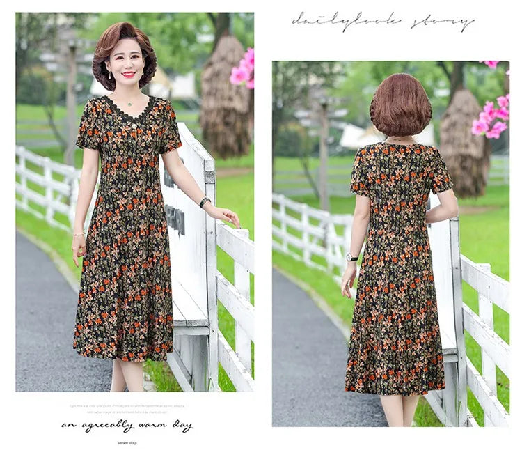 Bohemian Summer Dress With V Neck Print Vintage Midi