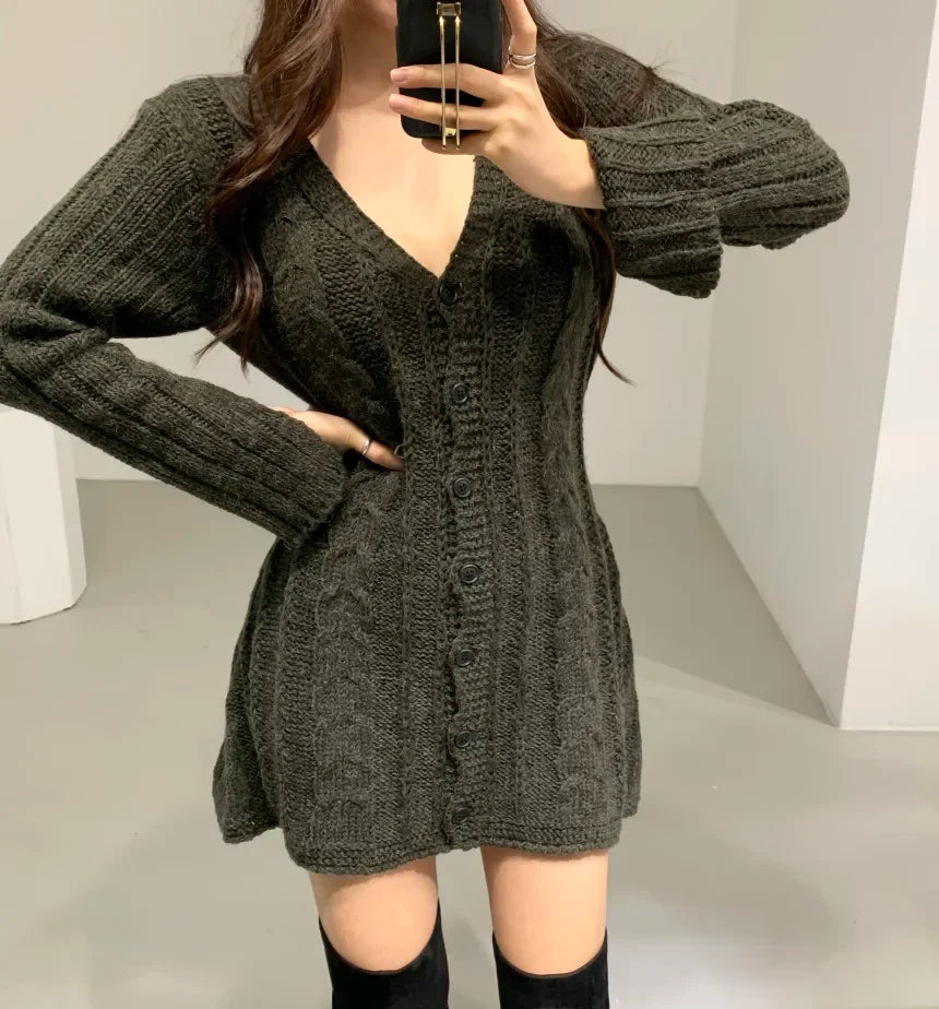 Cable Knit Sweater Dress For Women Long Sleeve Button Down