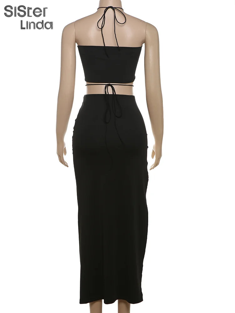 Junior Mid-Calf High Street Skirt Suit for Girls Solid Halter Neck with Slit Cleavage and Backless Design