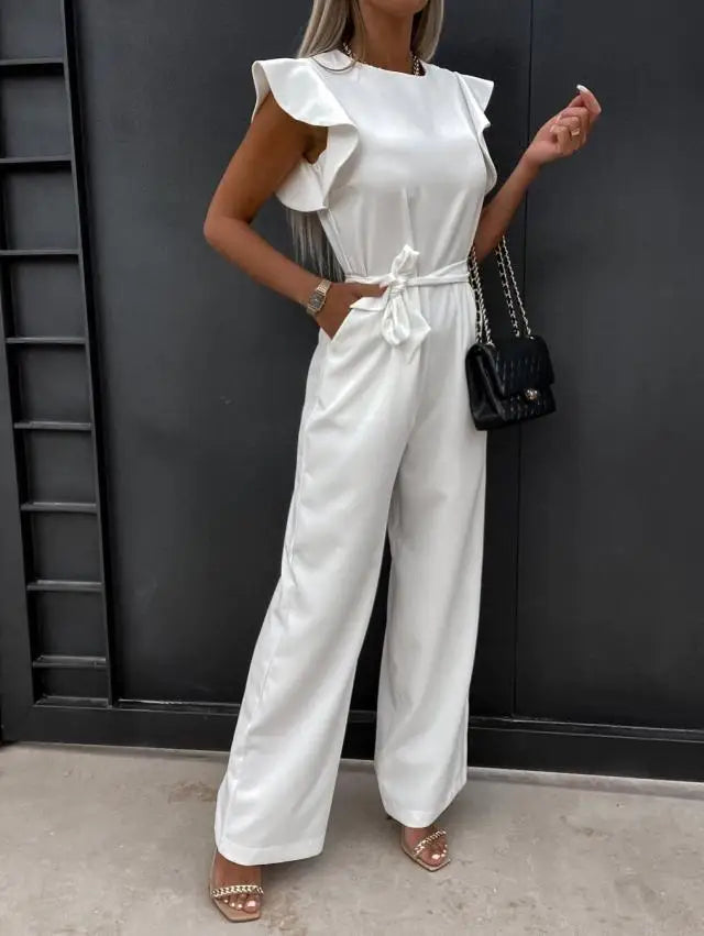 Elegant Lace Up High Waist Jumpsuit for Women with Straight Leg and Ruffle Edge Sleeves in Solid Color