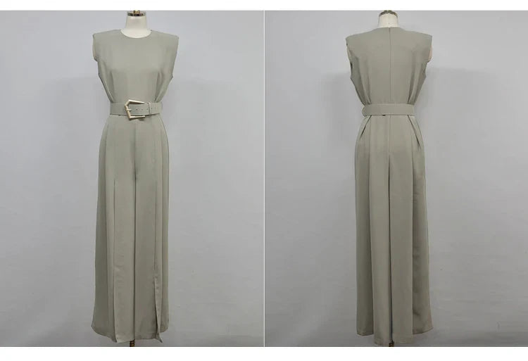 Elegant Women's Business Jumpsuit O-Neck Wide Leg Split Trousers Long Casual Workwear Romper