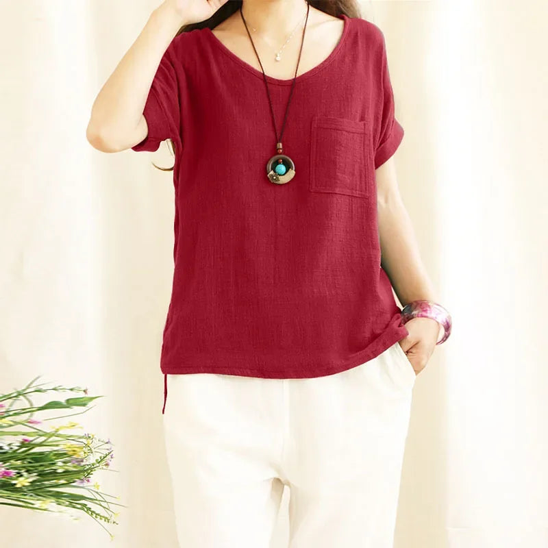 Women's Loose Fit Cotton Linen Blouse Short Sleeve Green O-Neck Casual Summer Top Large Size