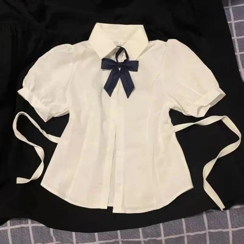 Slim Fit White Short Sleeve Blouse for Women with Sweet Bow Tie Neck Preppy JK Style Shirt