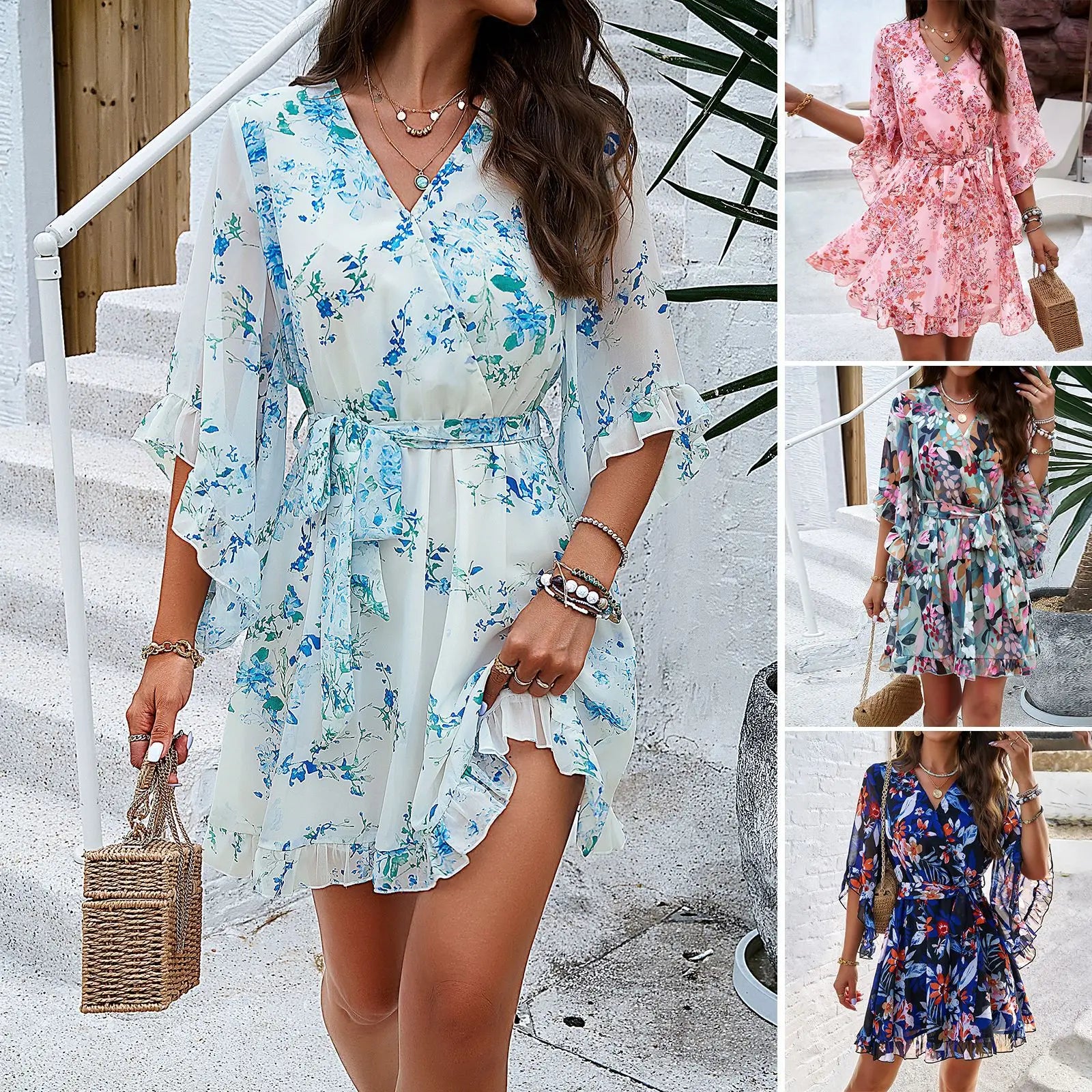 Floral Print Midi Dress with Strappy Lace Up V Neck Party