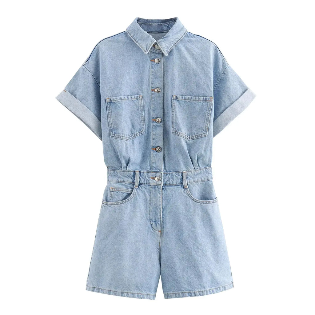 Women's Denim Short Jumpsuit Slim Fit with Lapel Collar Curled Short Sleeves and Patch Pockets Summer Casual Romper
