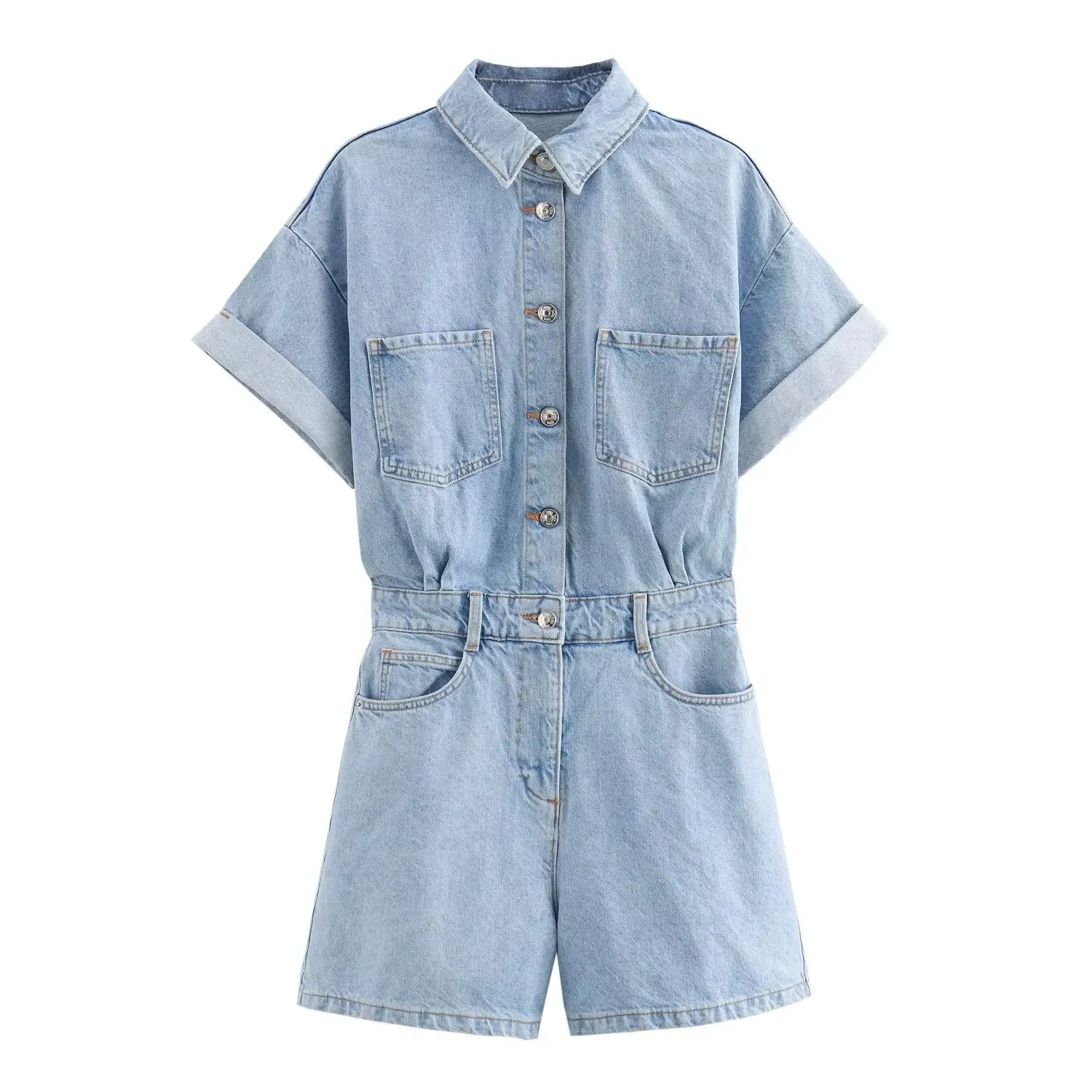 Women's Denim Short Jumpsuit Slim Fit with Lapel Collar Curled Short Sleeves and Patch Pockets Summer Casual Romper