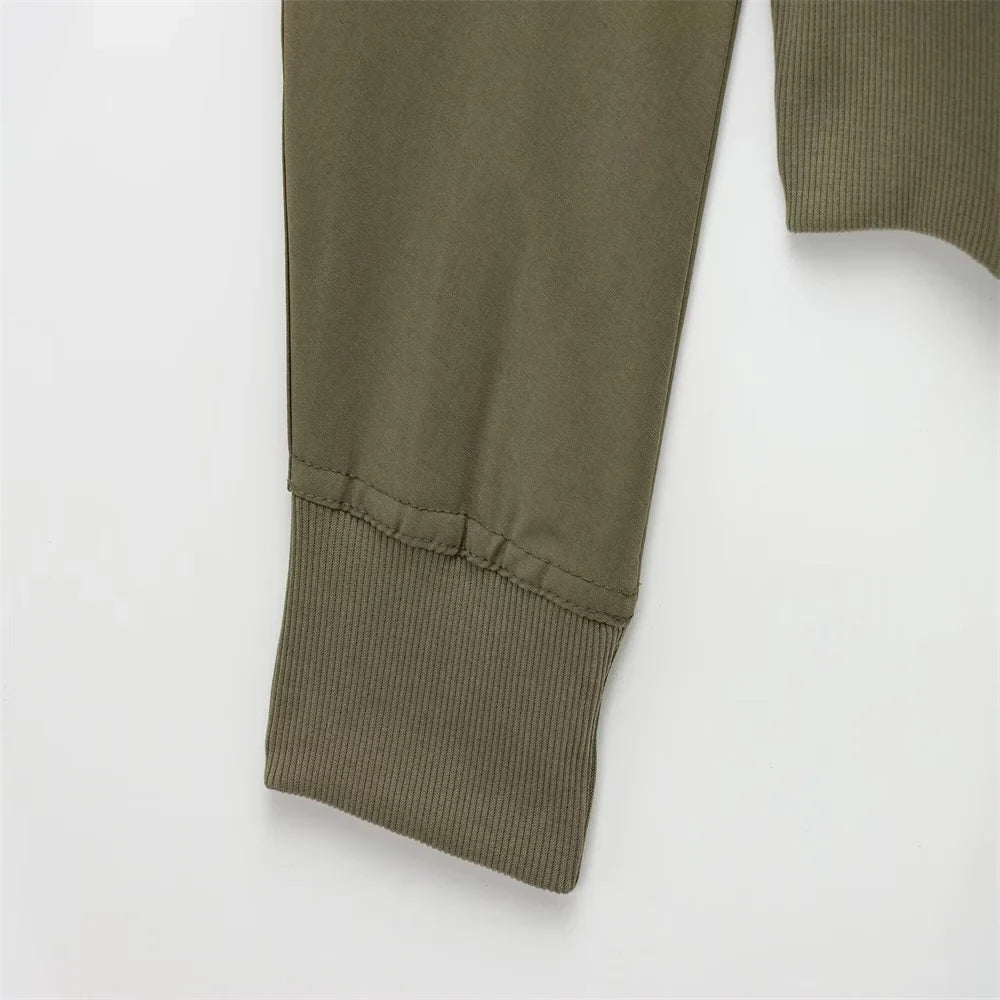 Olive Green Cowl Neck Asymmetric Zip Jacket with Elastic Waist Wide Leg Cargo Pants Set for Trendy Women's Fashion