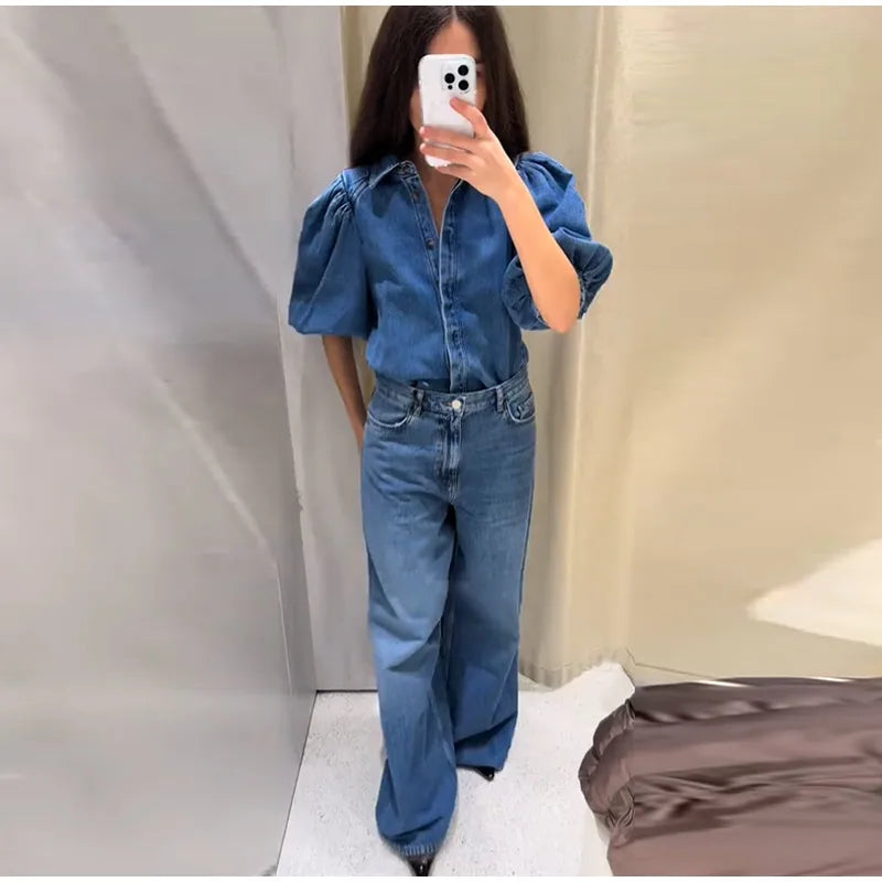 Street Denim Women's Puff Sleeve Shirt Solid Color Single Breasted Pleated Blouse Casual Half Sleeve Top for Spring and Summer