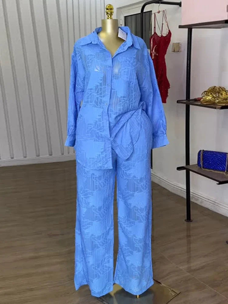 Women's Summer Pant Sets with Turned-down Collar Long-sleeve Shirt and High-waist Straight-leg Pants Two-piece Outfit