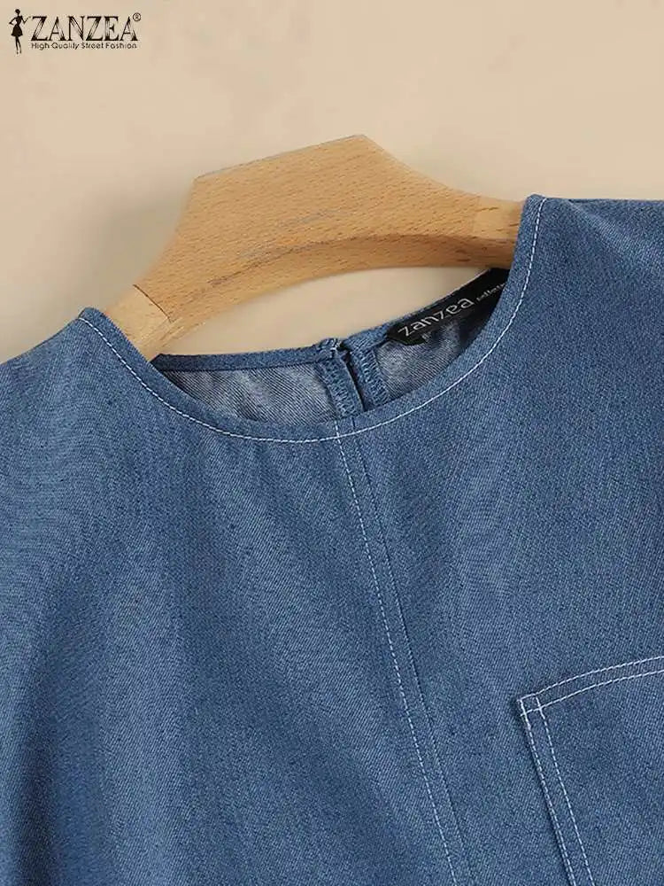 Denim Midi Dress for Women Sleeveless O Neck Blue Casual