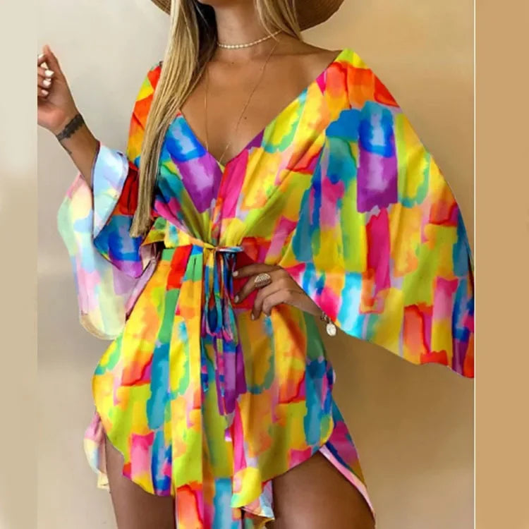 Printed Beach Resort Dress V Neck Bat Wing Sleeve Lace Up