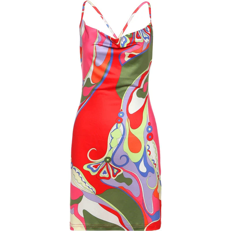Colorful Print Backless Bodycon Dress Sleeveless Summer