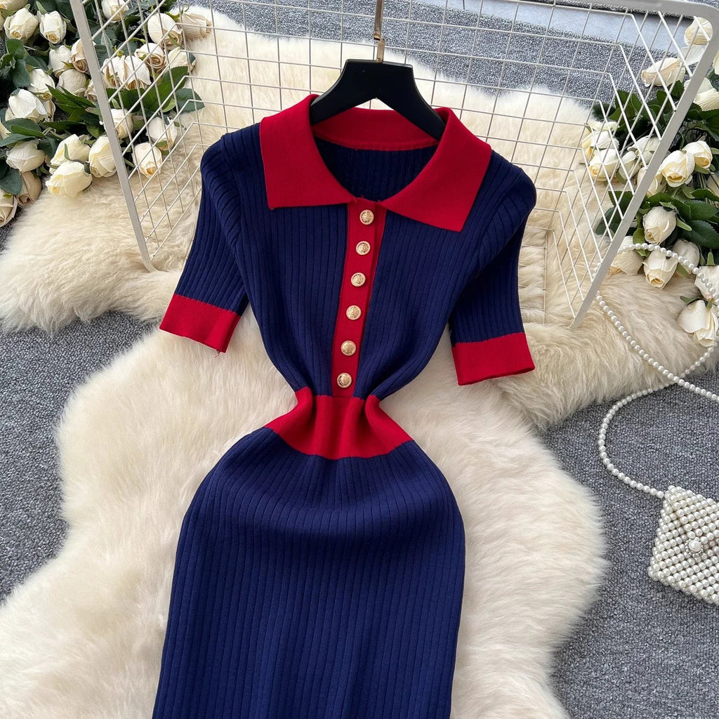 Patchwork Knitted Polo Collar Dress For Women Spring Summer
