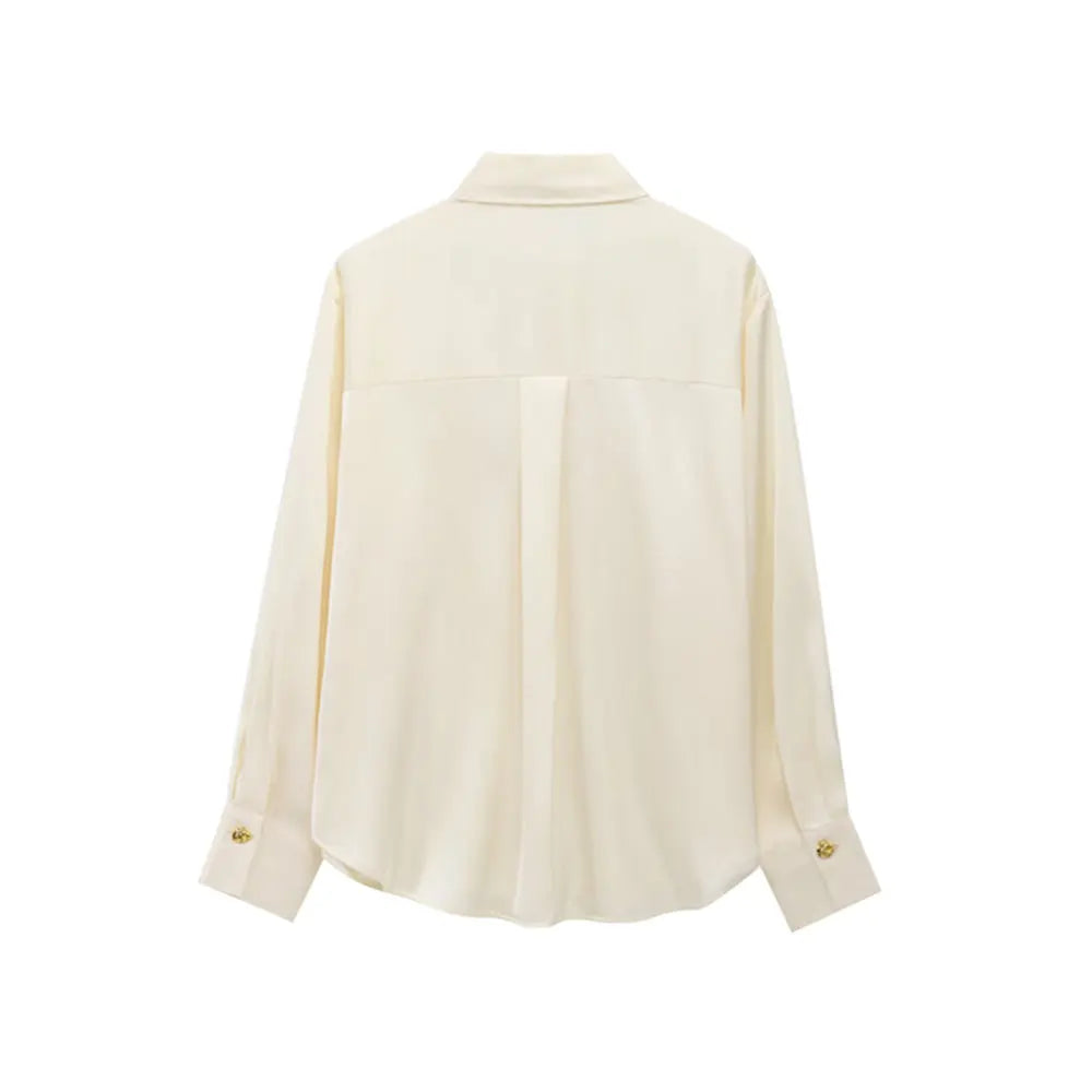 Long Sleeve Lapel Collar Blouse for Women with Fashion Gold Buttons Chic Elegant Office Shirt