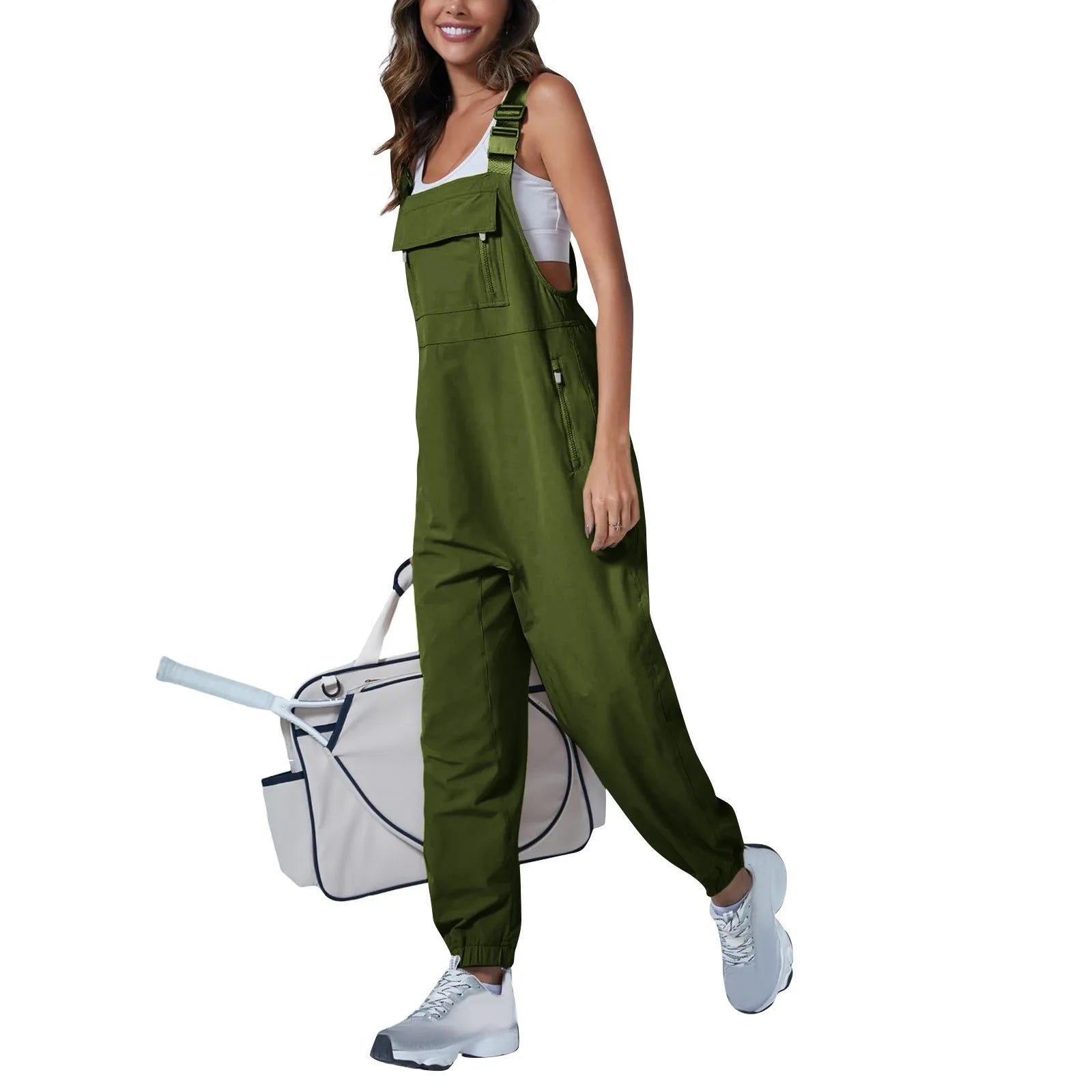 Women's Summer Casual Loose Wide Leg Jumpsuit with Adjustable Straps Pockets and Retro Button Detail Solid Color Sleeveless Overalls