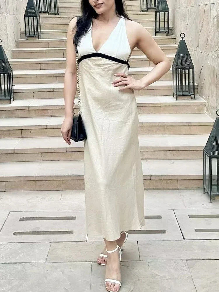 Backless Halter Party Dress With V Neck Patchwork Long Gown