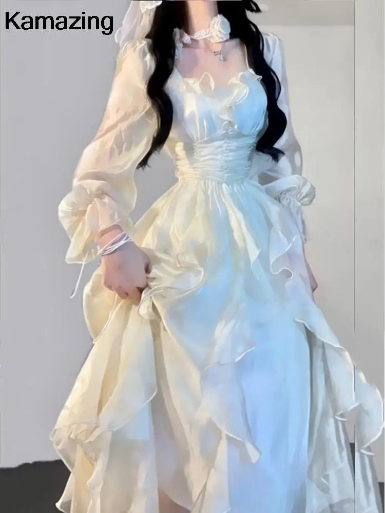 Korean Fashion Ruffles Midi Dress A Line Waist Party Dress