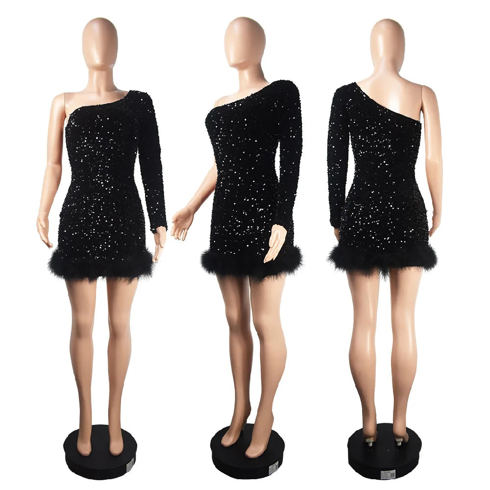 Elegant Off Shoulder Sequin Party Dress Long Sleeve