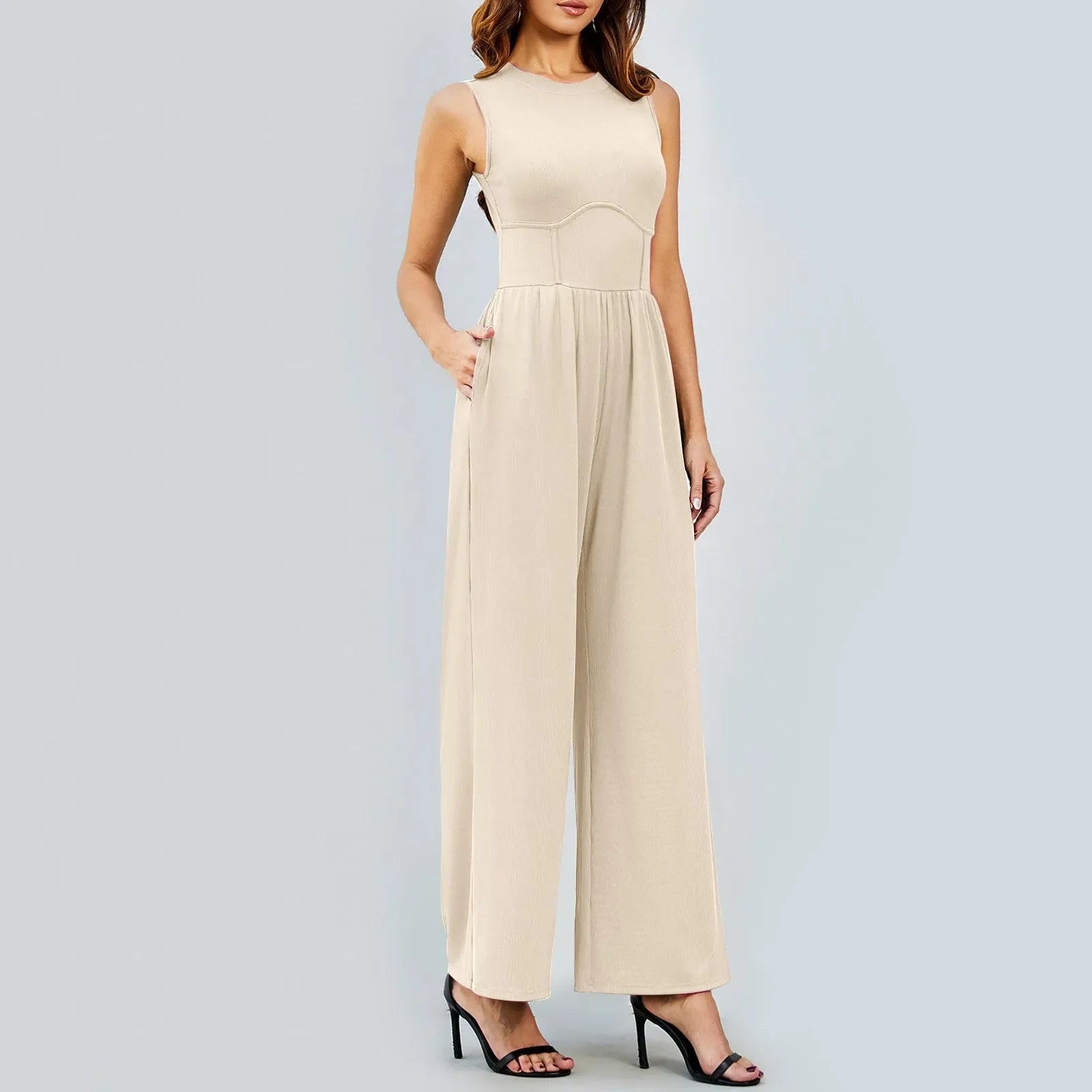 Women Sleeveless High Neck Ribbed Tank Top Jumpsuit Wide Leg Pants Romper with Tummy Control and High Waist Casual Summer Outfit