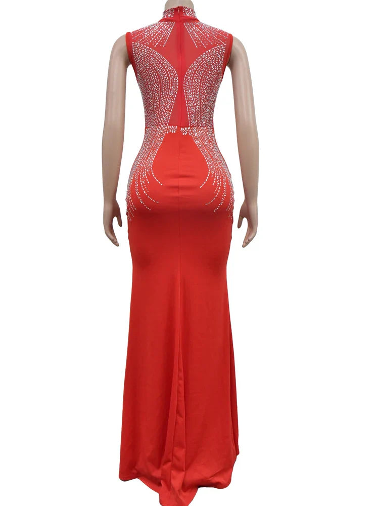 Crystal Mesh Maxi Dress High Split Sleeveless Bodycon