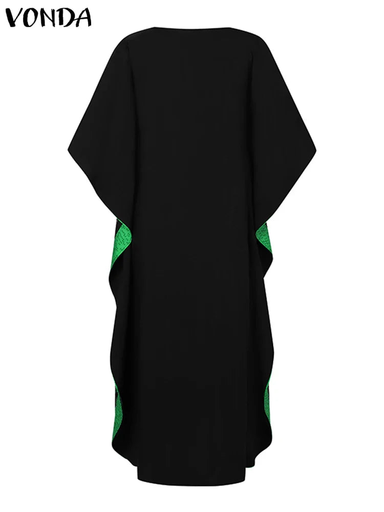 Bohemian Maxi Dress With Printed V Neck Bat Sleeve Casual