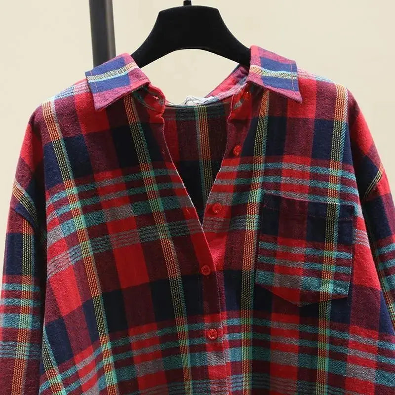 Plaid Vintage Polo Neck Long Sleeve Loose Fit Single Breasted Women's Blouse Shirt Casual Korean Style Female Top