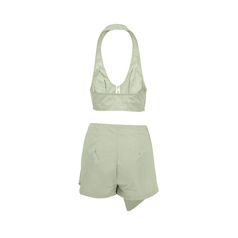 2 Piece Women's Summer Fashion Set V Neck Sleeveless Crop Tank Top and High Waist Shorts Backless Casual Leisure Outfit