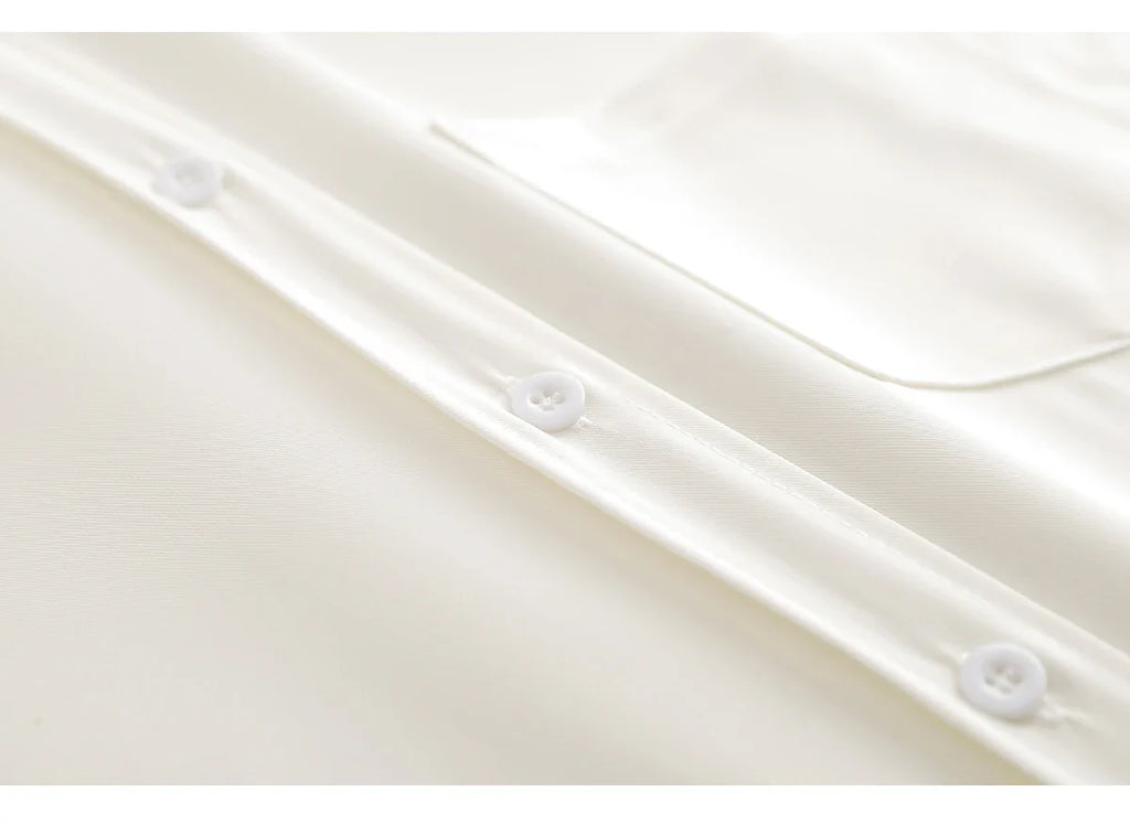 Oversized Long Sleeve White Shirt Women Minimalist Button Up Blouse Turn-Down Collar Casual Cardigan Top