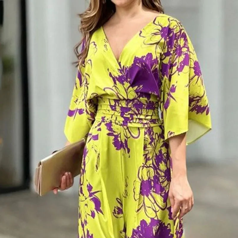 Women's Summer Casual Printed Jumpsuit with Batwing Sleeves V Neck Backless Tie Waist Wide Leg Romper