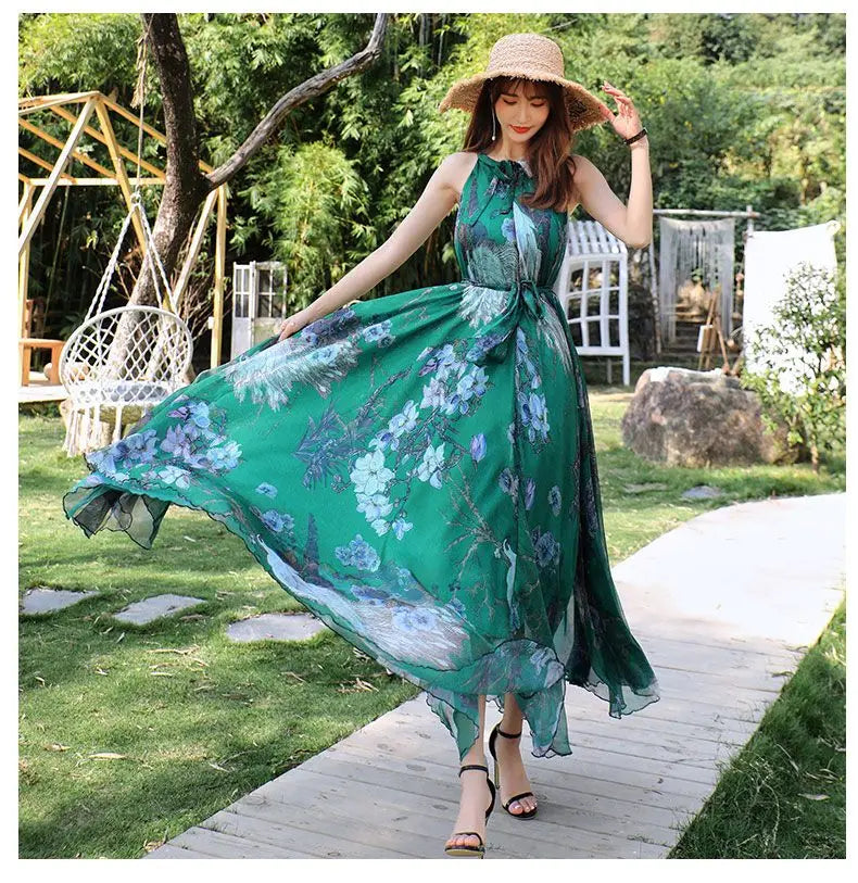 Floral Boho Backless Maxi Dress Women Beach Sundress