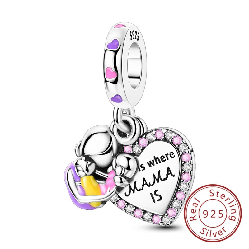 925 Sterling Silver Love Heart Family Charm Bead Pendant for Women's Bracelet Jewelry Gift