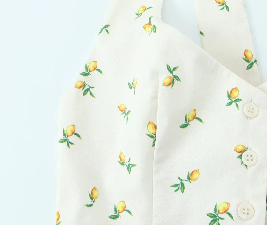 Casual Summer Two Piece Skirt Set for Women Lemon Print Backless Hanging Collar Tank Top with A-Line Mini Skirt Sleeveless Short Top